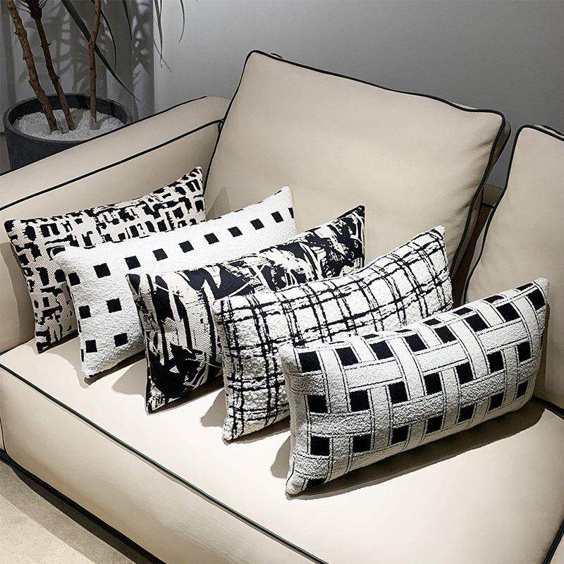 棉麻黑白靠枕床头沙发客厅长方形抱枕腰枕现代简约样板房靠垫长条