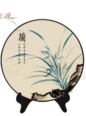 新中式摆件梅兰竹菊装饰画家用卧室圆形古风房间高级黑边相框桌摆