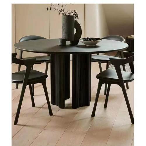 北欧轻奢实木圆形餐桌现代家用小户型白蜡木饭桌法式黑色简约圆桌