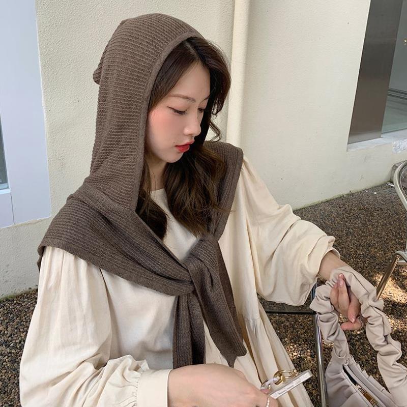 帽子围巾一体百搭空调房保暖外搭秋冬季女羊毛针织连帽两用夏披肩