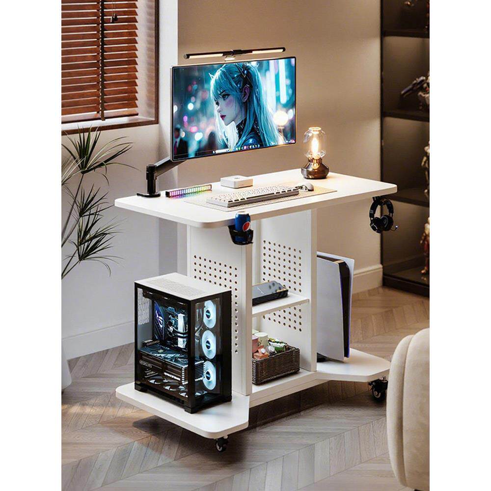 实木白色小型电竞桌可移动电脑桌台式可放主机迷你洞洞板床边桌子