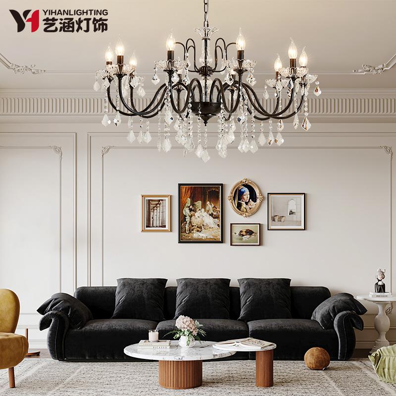 艺涵 精致复古黑色全铜水晶客餐厅主灯 法式黄铜中古卧室蜡烛吊灯