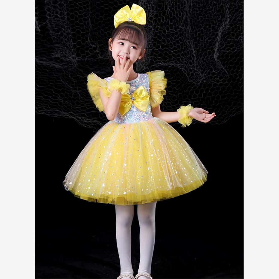六一女童公主裙演出服快乐的小星星黄色蓬蓬纱裙幼儿园舞蹈表演服