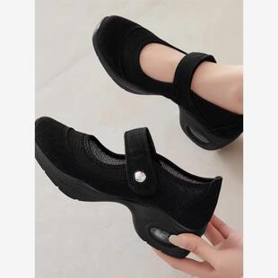 老北京布鞋广场舞蹈鞋网面女式中高跟软底防滑气垫透气拉带舞蹈鞋