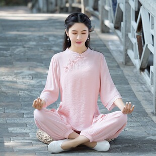民族风茶服棉麻禅服套装圆领中袖上衣太极练功长裤打坐居士服女