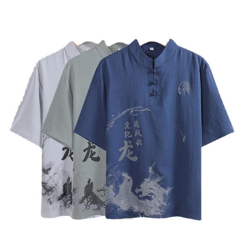 唐装男中夏季套装冰丝短袖两件套