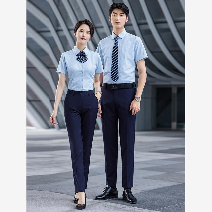 蓝白条纹衬衫女职业短袖高端酒店工作服定制建行工装大码衬衣