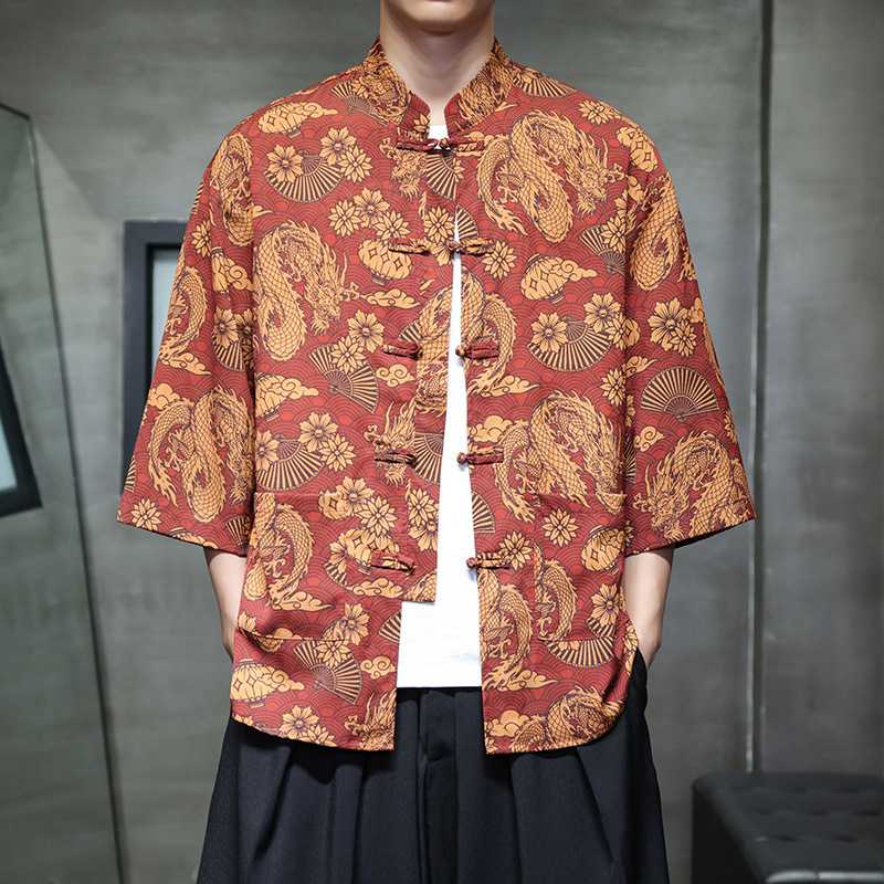 中国风冰丝七分袖衬衫男唐装盘扣