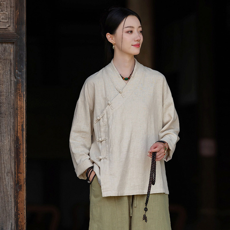 春季棉麻女装上衣复古中式盘扣斜襟长袖衬衫禅修居士服茶服宽松
