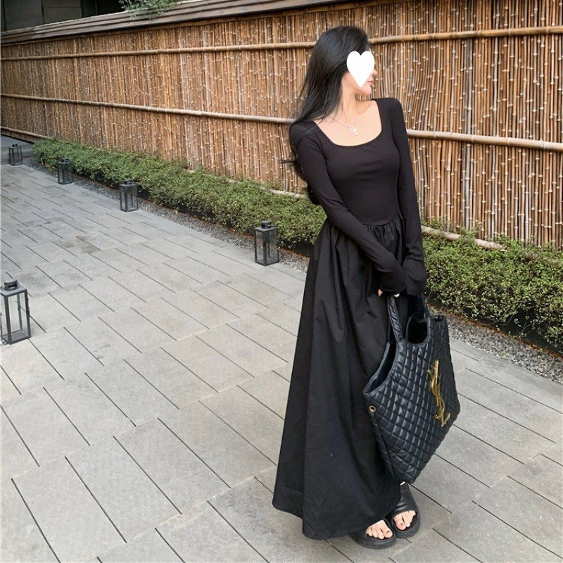 速发法气长袖连衣裙感式质长腰黑色慵懒大摆收裙赫本风裙子