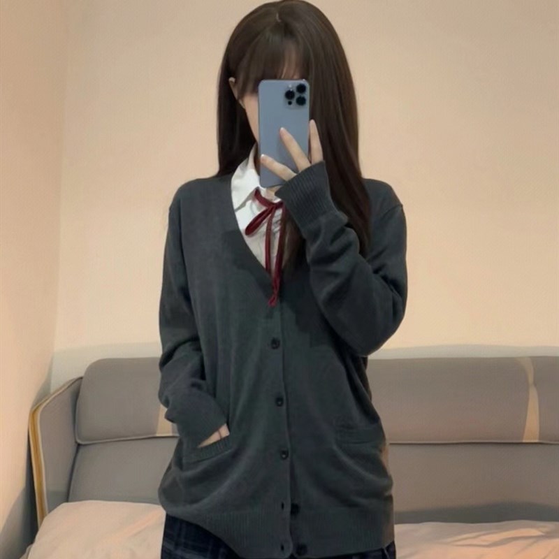 速发JK制服早秋学院衣外搭宽松纯色毛风针长开衫薄款织袖外套
