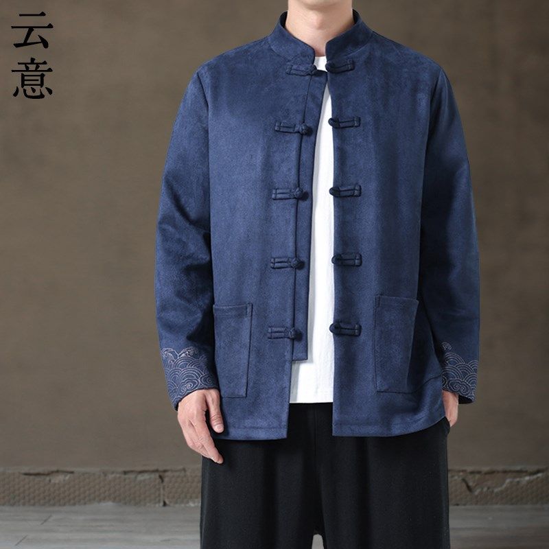 速发男中式古装男中国风春刺绣夹克复唐盘扣汉服宽松大码新士外套