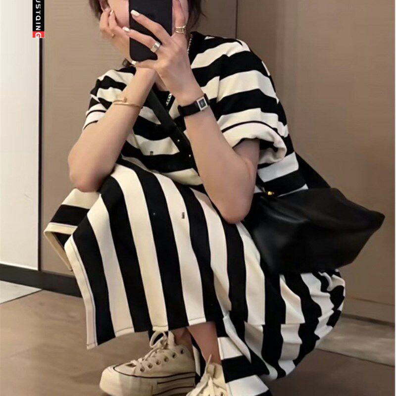 速发夏天时尚洋气减龄条纹连衣裙睡裙休闲家居服可外穿宽松睡衣潮