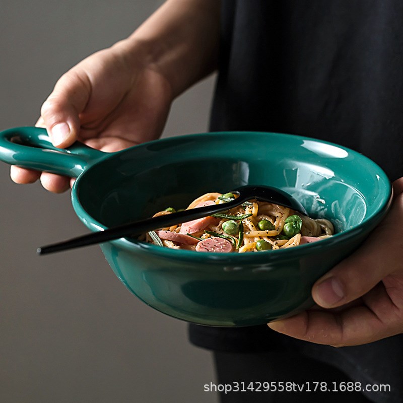 速发创意陶瓷带焗饭碗家用果餐水早沙拉甜带把烤碗拉面大汤碗品碗
