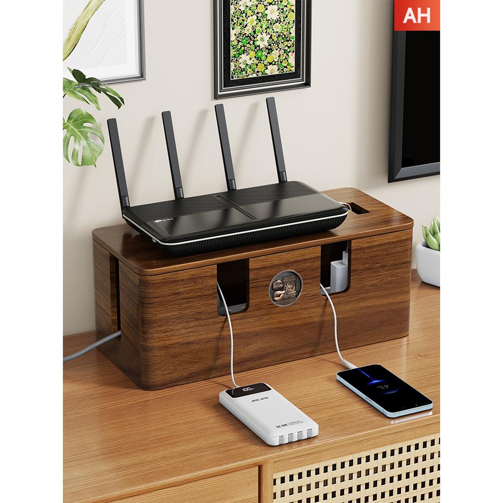 实木集线盒插座遮挡插排收纳盒电源电线理线盒桌面装饰插线板整理