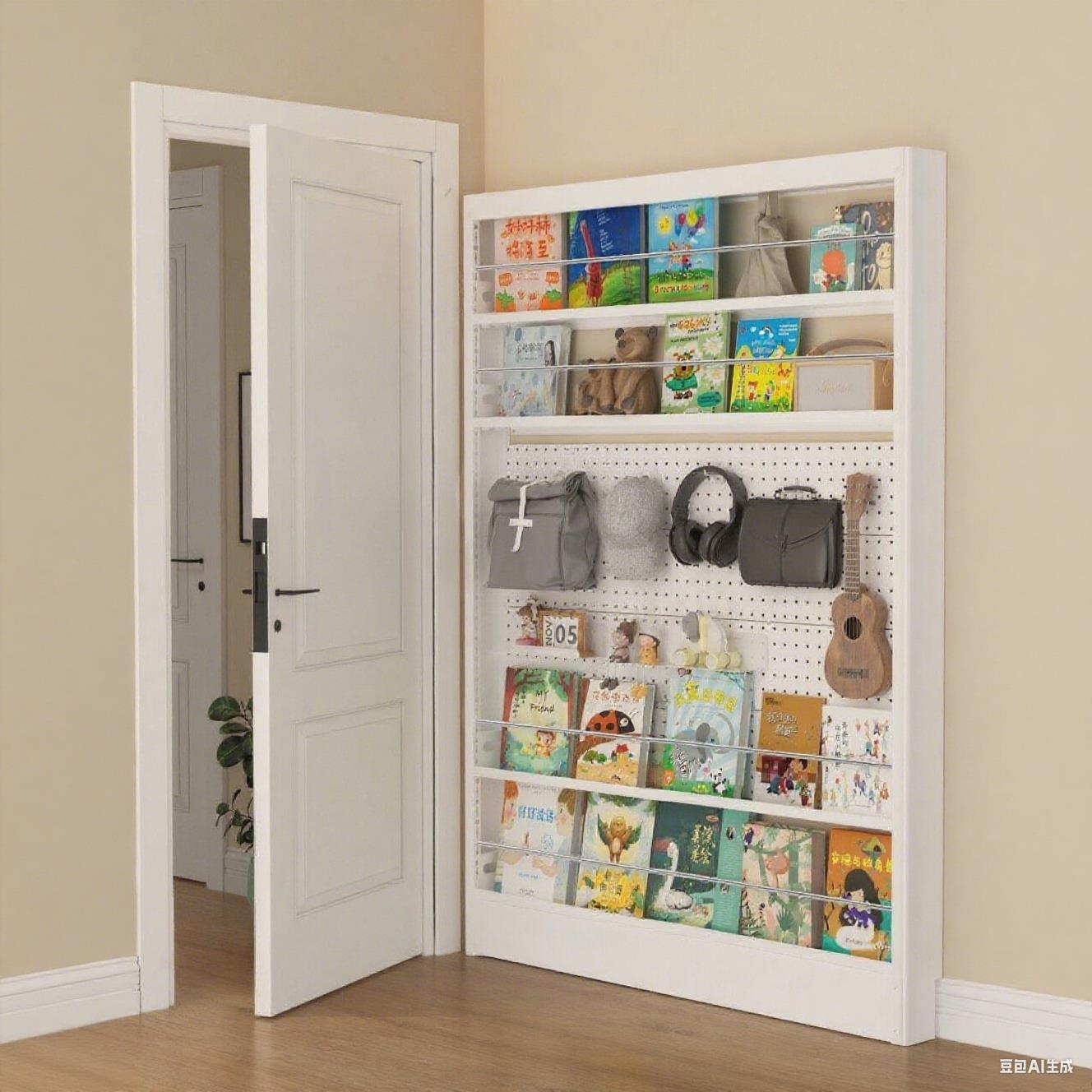 儿童书架钢制门后洞洞板置物架落地靠墙极窄多层收纳置物架绘本架