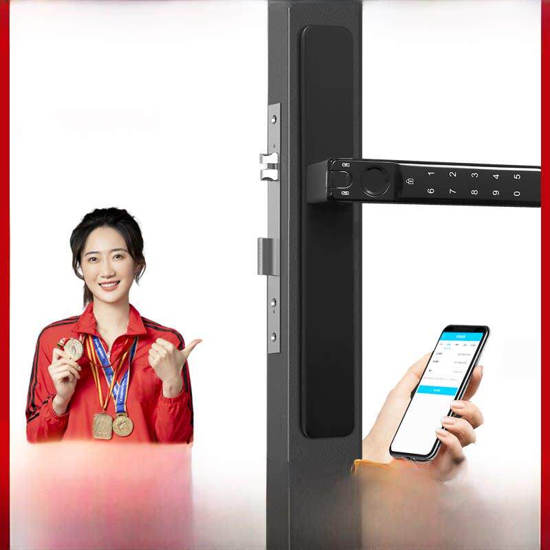 免改孔断桥铝智能锁庭院户外密码锁平移推拉门铝合金玻璃门指纹锁