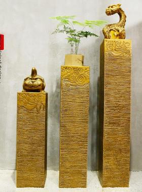 新中式祥云展示柱彷古石墩落地摆件客厅过道玄关饰品底座金色柱子