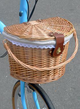 小布折叠自行车覆古藤编d5d7车篮子带盖子编织菜篮车筐子蓝包clin