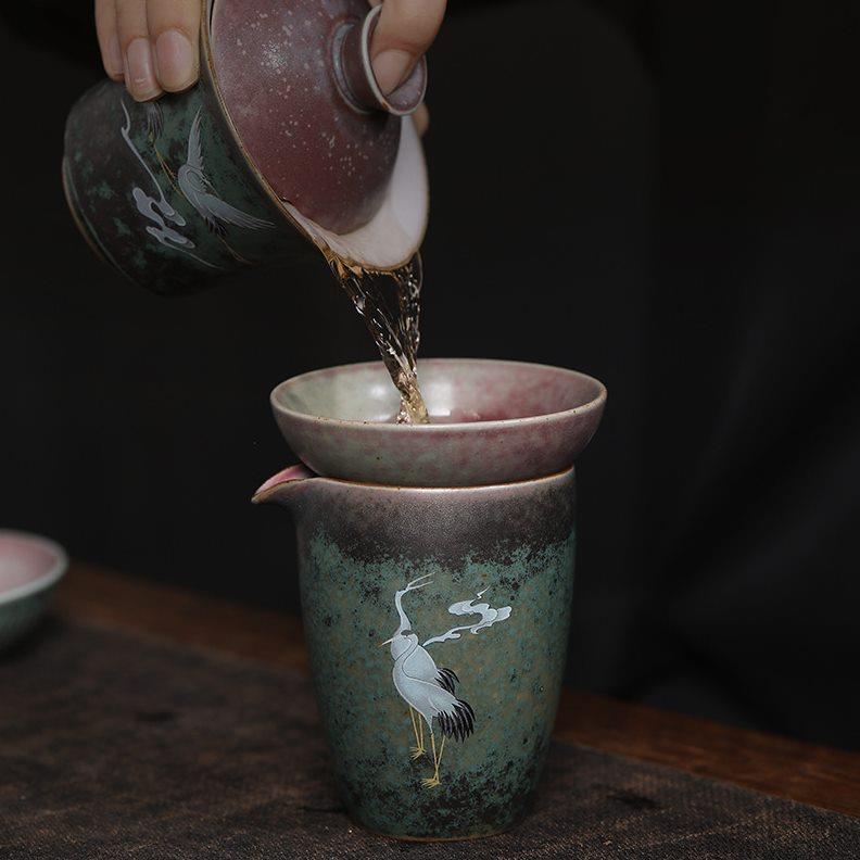 手工复古风窑变焕彩仙鹤公道杯大号陶瓷公杯 分茶器匀杯 一题茶事