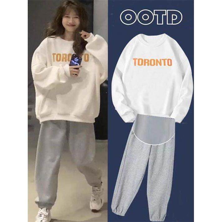 孕妇春秋季套装2025新款韩版圆领卫衣宽松大码上衣冬装加绒两件套