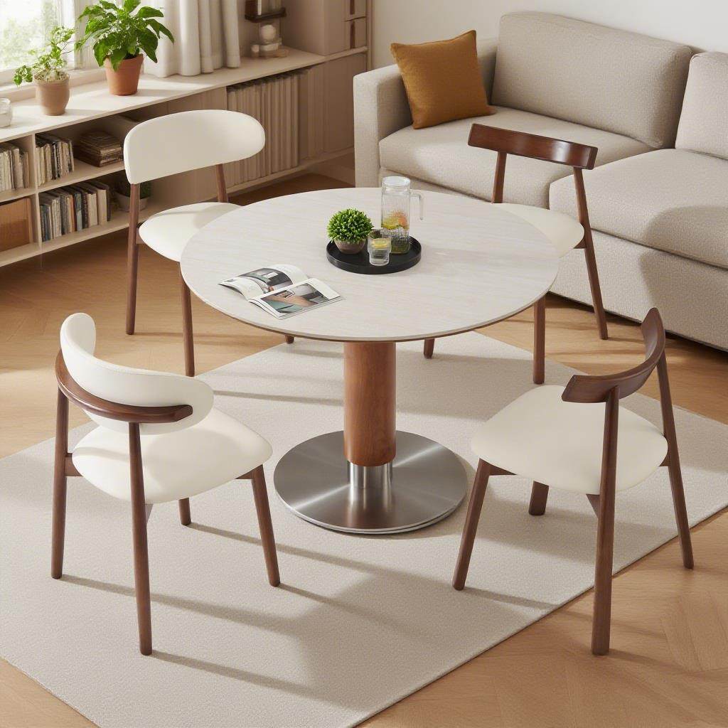 洞石岩板圆桌餐桌家用小户型饭厅圆形饭桌设计师桌子实木小圆桌