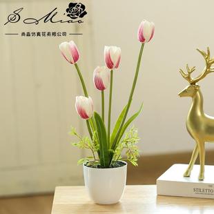 仿真花5头郁金香小盆景创意摆件厂家直供仿真盆栽假花