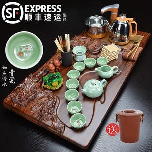 家用简约全自动电热炉实木茶盘整套泡茶盖碗茶杯 紫砂功夫茶具套装