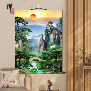 山水风景画蓬莱仙境图竖款竖版客厅书房装饰挂墙成品丝绸卷轴挂画
