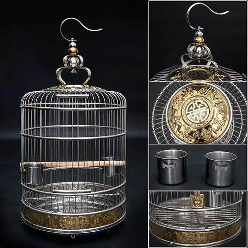 天寿不锈钢鸟笼双福抱金款鹦鹉画眉八哥鹩哥超大号别墅金属鸟笼子