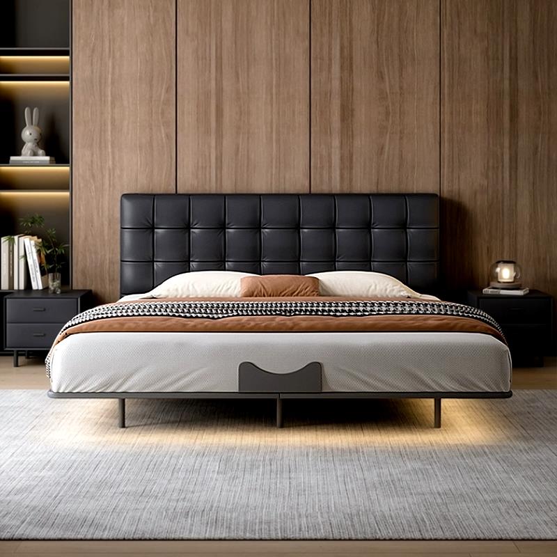 碳素钢铁艺架子悬浮储物床1米8单双人华夫格豆腐块大象耳朵真皮床