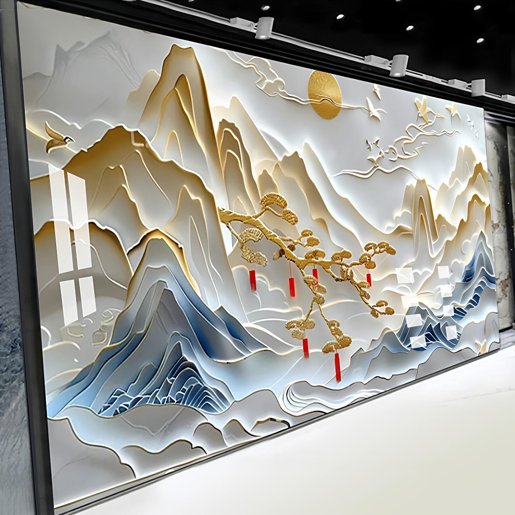 电视背景墙碳晶板浮雕楼阁卧接待室客厅护墙板新款中式山水画扣板