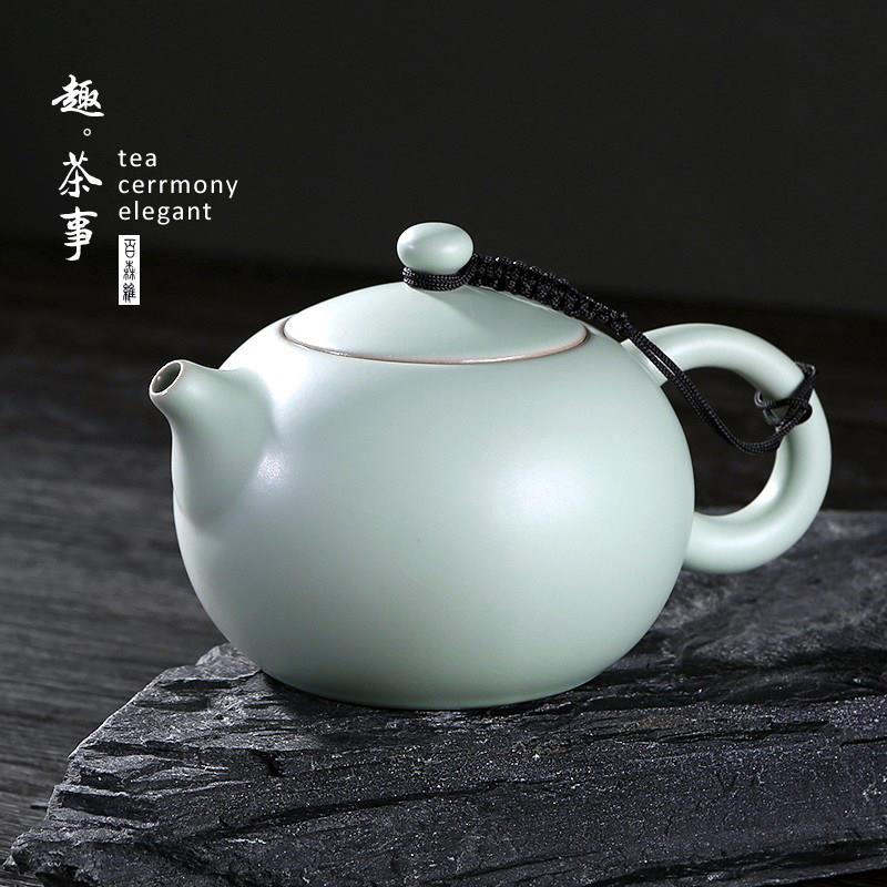 景德镇天青汝窑茶壶家用陶瓷西施茶壶手工茶具组中式纯色泡茶单壶