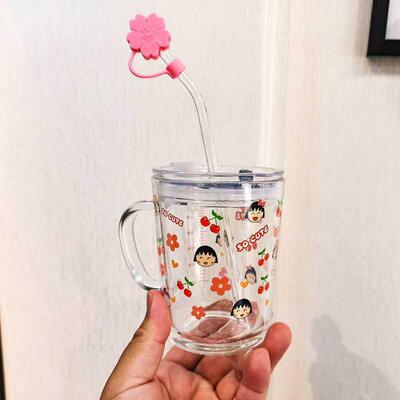 现代创意水杯刻度带盖吸管双用果汁牛奶杯学生印花家用玻璃杯加厚