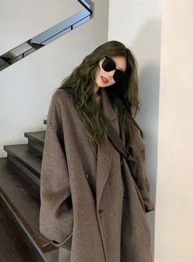 摩卡棕双面羊绒大衣女中长款慵懒风2025新款韩系宽松羊毛呢子外套