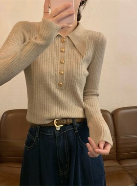 秋冬季POLO领针织衫打底衫女气质韩系高级感打底毛衣女内搭上衣服