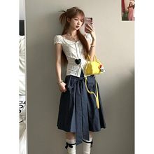 韩系翻领蕾丝泡泡袖高级感衬衫上衣+藏青色格纹蝴蝶结半身裙套装
