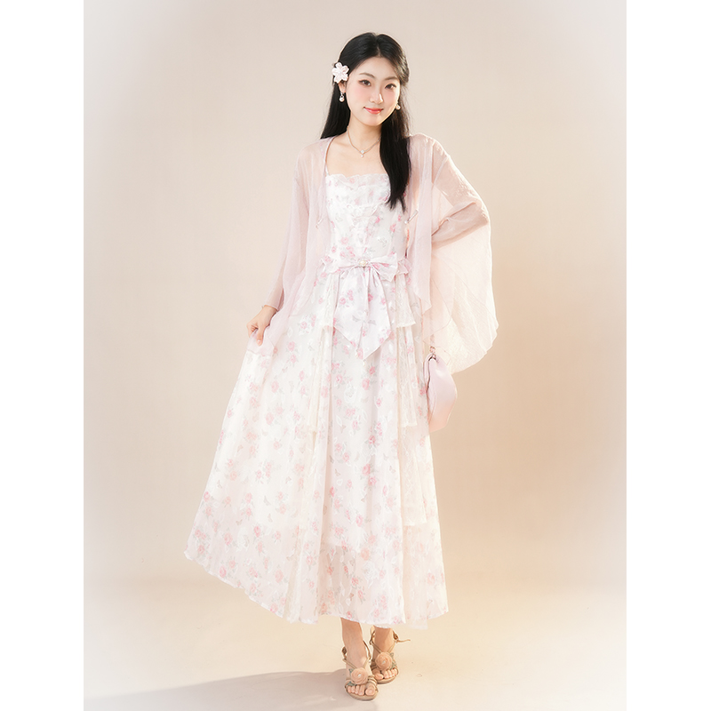 月光桃夭 蝴蝶结腰饰蕾丝拼接清新仙女风收腰连衣裙+百搭开衫套装