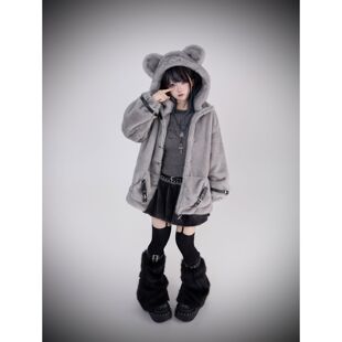 萌宅系可爱老鼠毛绒上衣秋冬新款毛毛亚比暗黑朋克皮扣小众短外套