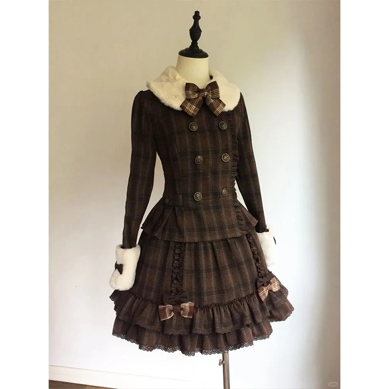 毛领拼接蝴蝶结格纹毛呢外套女