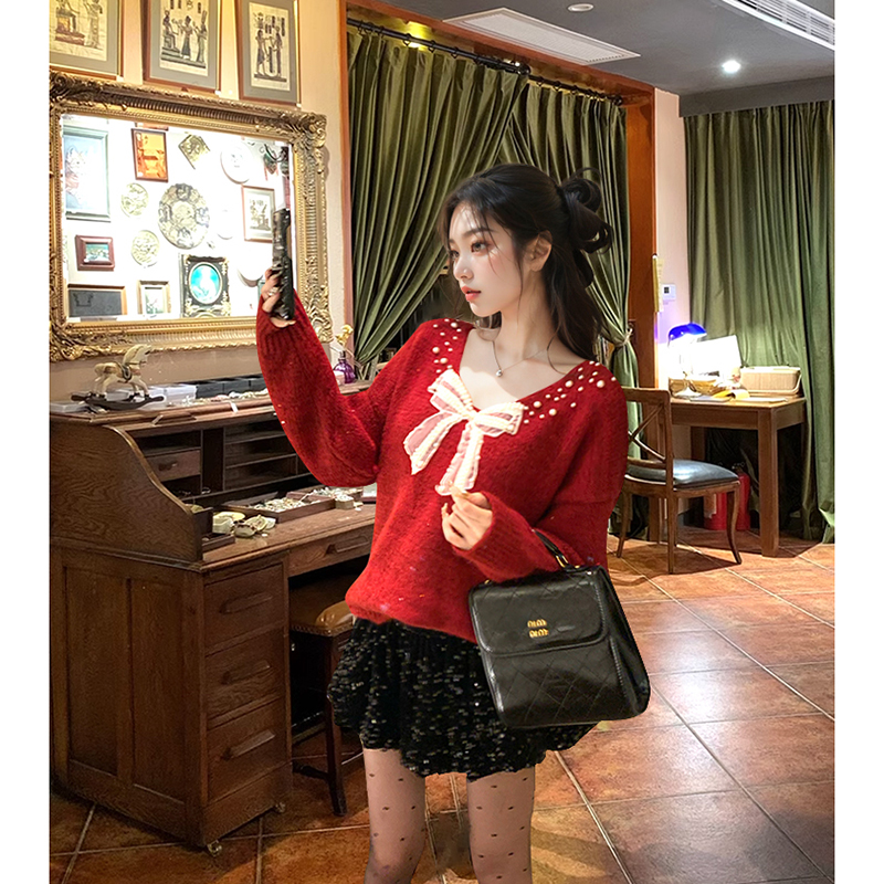 圣诞新年套 法式蝴蝶结针织衫毛衣+包臀短裙女冬季气质高级感套装