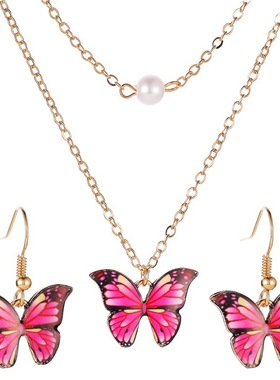 欧美新款套装蝴蝶项链 彩色双层珍珠蝴蝶吊坠女 气质优雅蝴蝶耳环