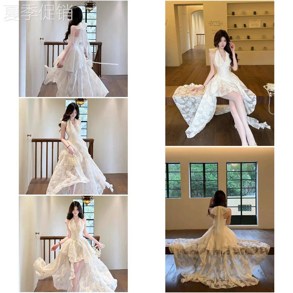 甜辣妹提花挂颈洋装女夏日独特漂亮公主裙海边穿搭收腰长裙子