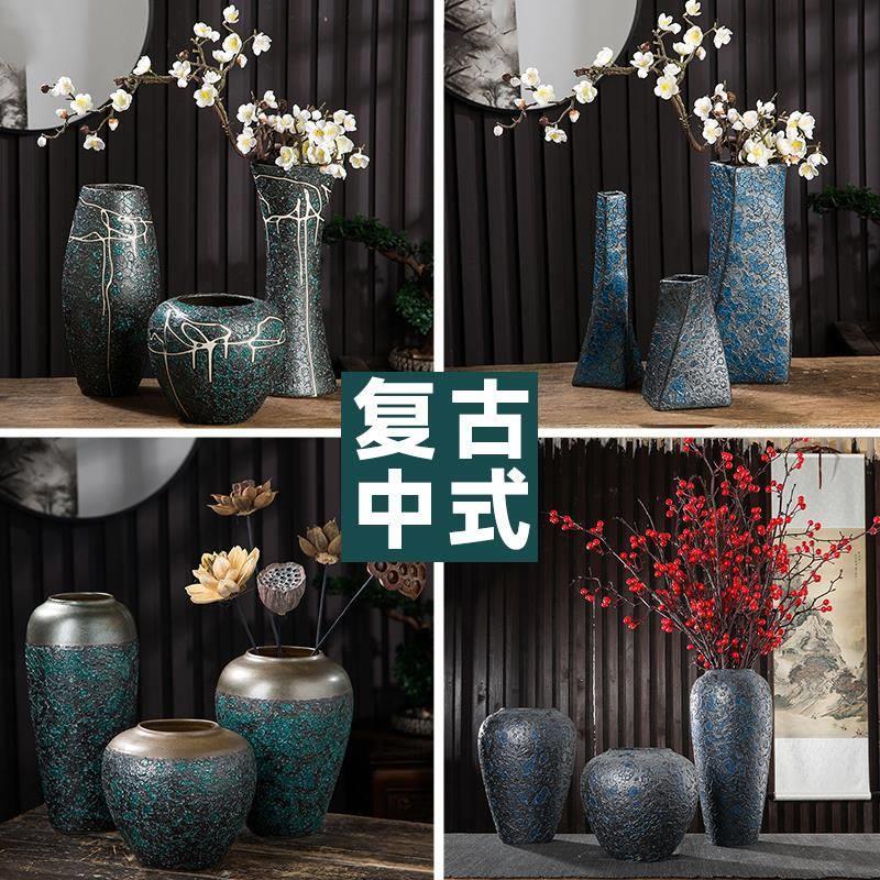 景德镇陶瓷创意复古粗陶中式客厅插花电视柜餐桌花瓶装饰摆件花器
