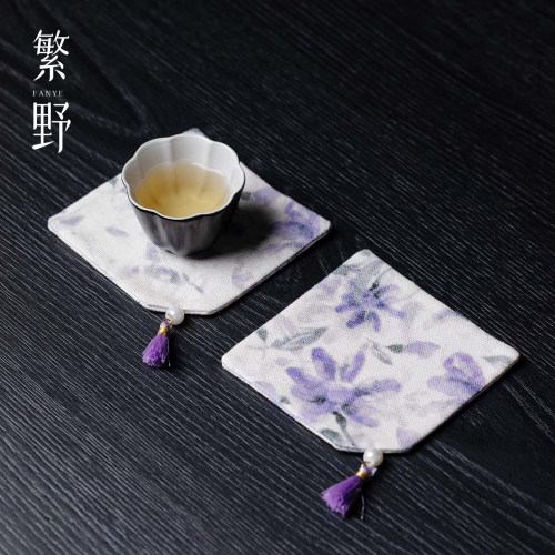 棉麻印花绮紫蔓雅流苏杯垫