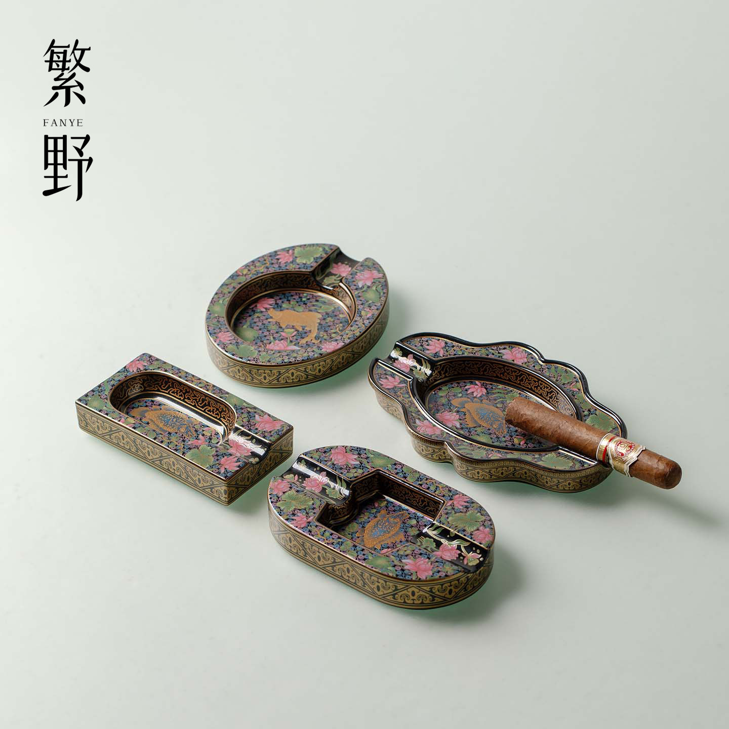 繁野陶瓷手工高档个性缠纹雅叙鱼藻纹雪茄缸大号烟灰缸灭烟器烟缸