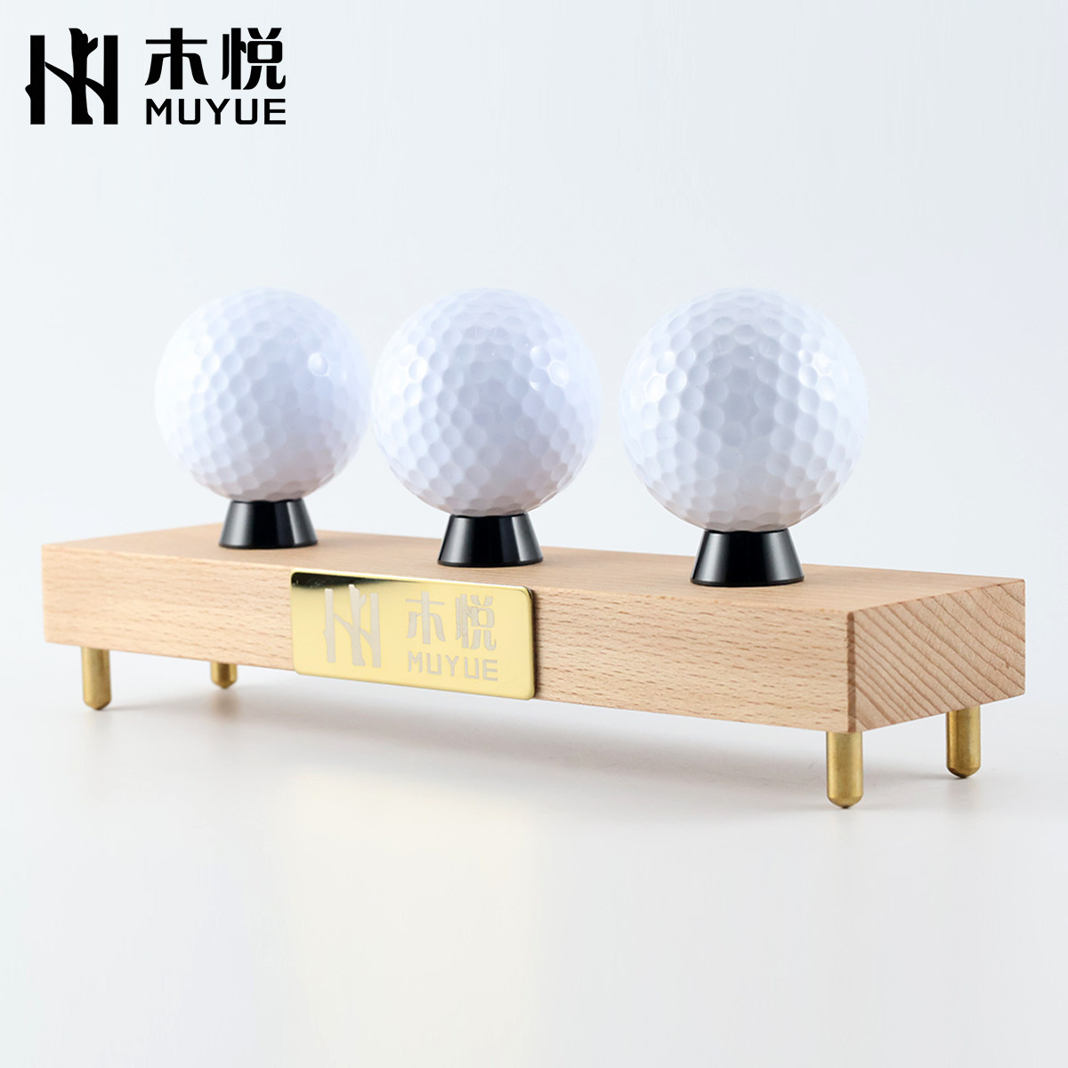榉木铜脚高尔夫球架实木黑杯座轻奢家居摆件收藏展示架木质球托