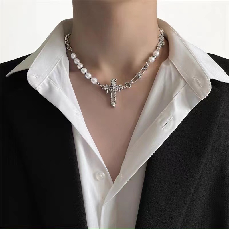 新品New cross pearl patchwork necklace hip hop couple access