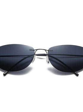 太阳眼镜无框偏光镜太阳眼镜黑客帝国超轻驾驶男士开车椭圆复古同