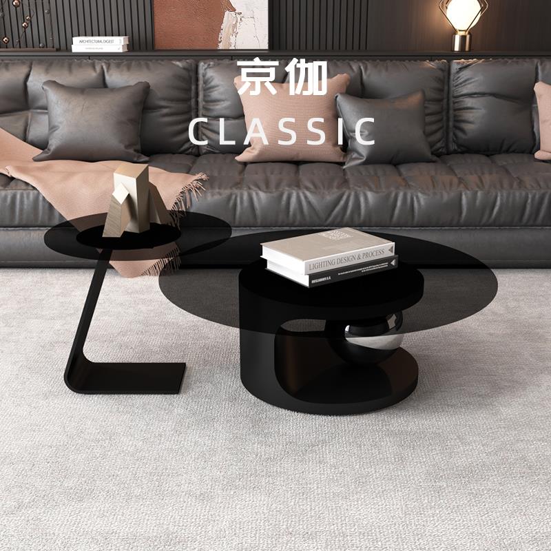 京伽意式极简茶几客厅家用茶几桌现代小户型圆形钢化玻璃设计师款